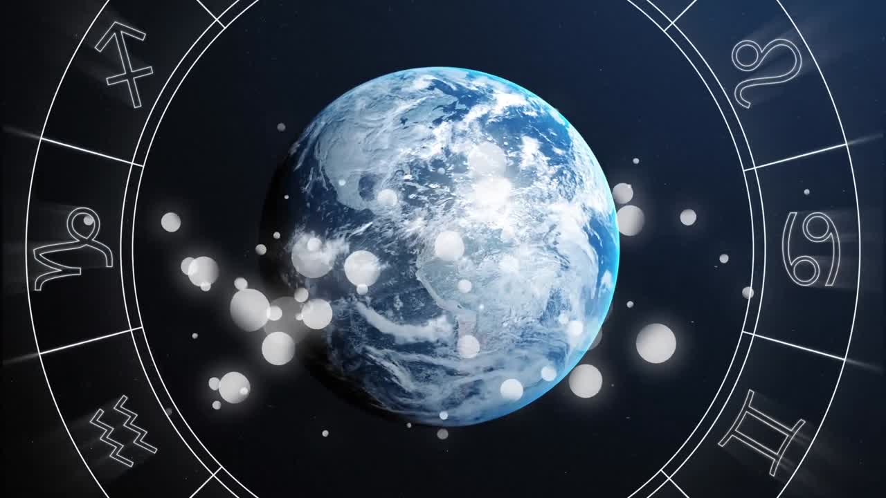 animación de la rueda giratoria del signo estelar con el planeta tierra y las estrellas