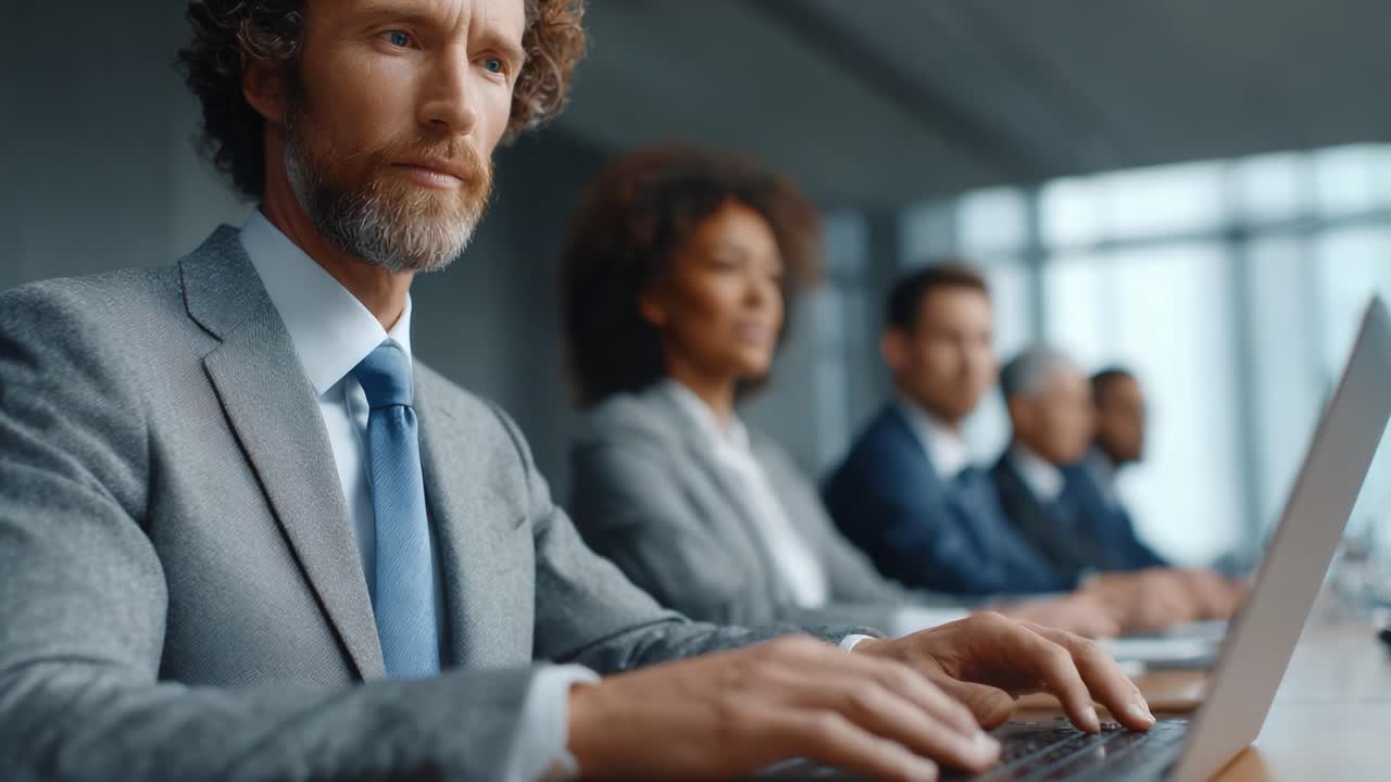 Focused Business Professionals Engaging in Digital Collaboration at a Modern Conference, Highlighting Innovation and Teamwork in Today's Workspace