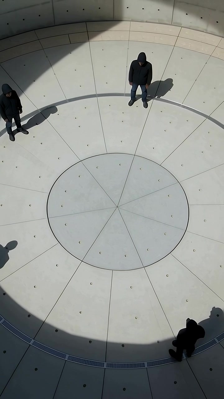 Vertical video: Three hooded adults standing in circular plaza, one walking along rim, shadow