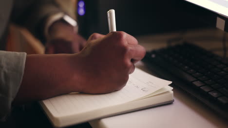 notebook, hand and man writing