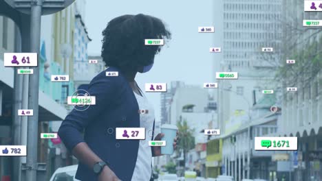 Animation-of-social-media-notifications-over-african-american-woman-in-face-mask-in-city-street
