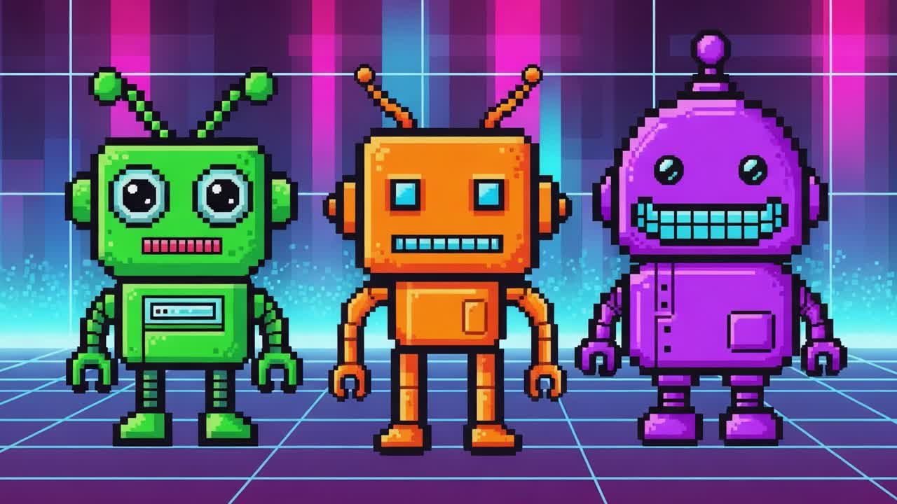 A Colorful Trio of Retro Pixel Robots Dance in an Enchanting Neon-Hued Grid, Capturing the Essence of a Vintage Digital World with Playful Charm and Whimsy