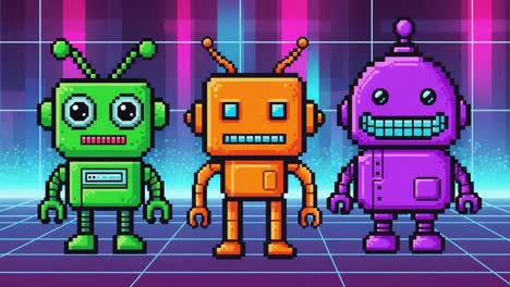 a colorful trio of retro pixel robots dance in an enchanting neon-hued grid, capturing the essence of a vintage digital world with playful charm and whimsy