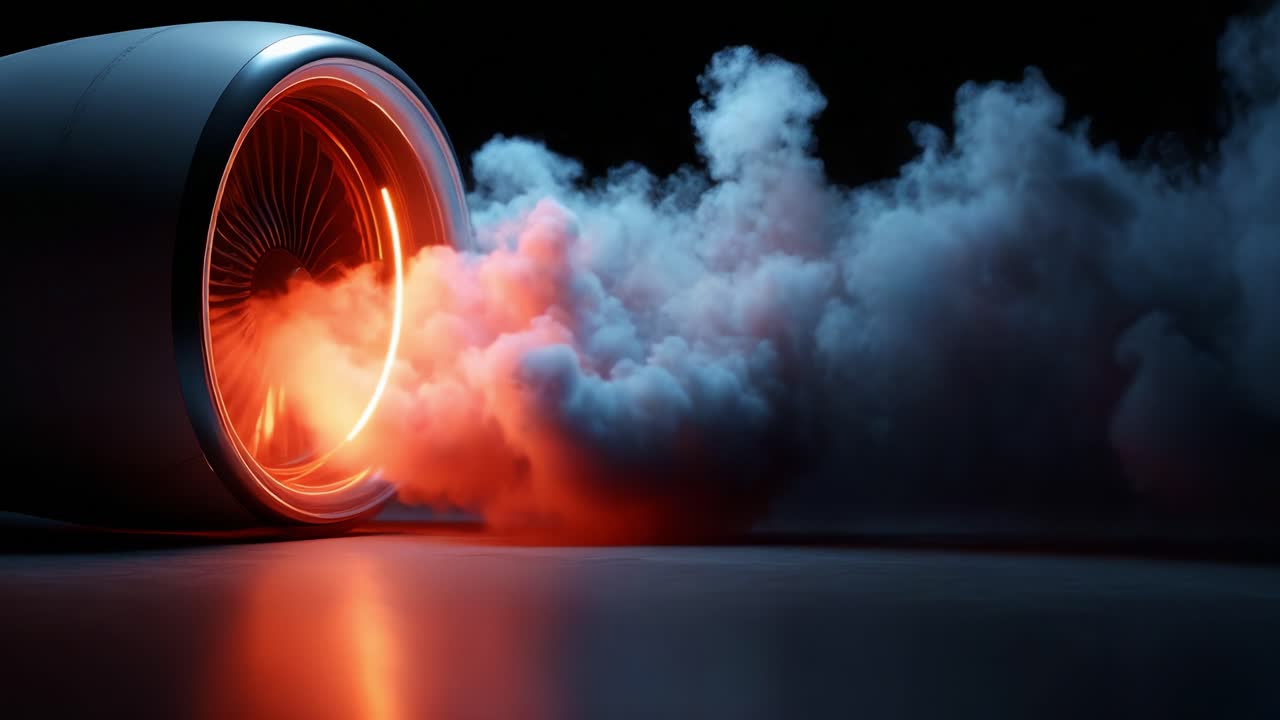 A Dramatic Close-Up of a Jet Engine Turbine with Emitting Flames and Vapor, Capturing the Dynamic Energy and Power of Modern Aviation Technology