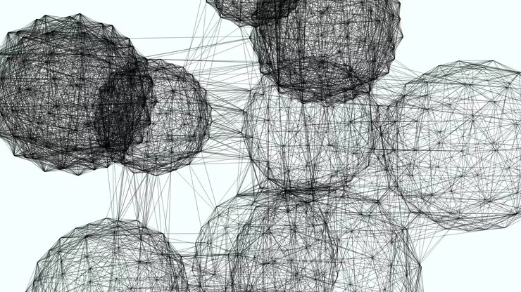 Generative neural network visualization depicting data connectivity, algorithmic art, and complex cloud computing network formation.