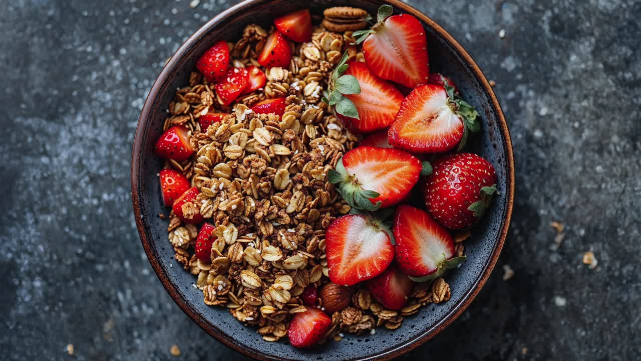 un plato de granola con fresas para el desayuno