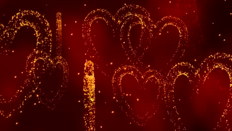 corazones de brillo dorado sobre un fondo rojo