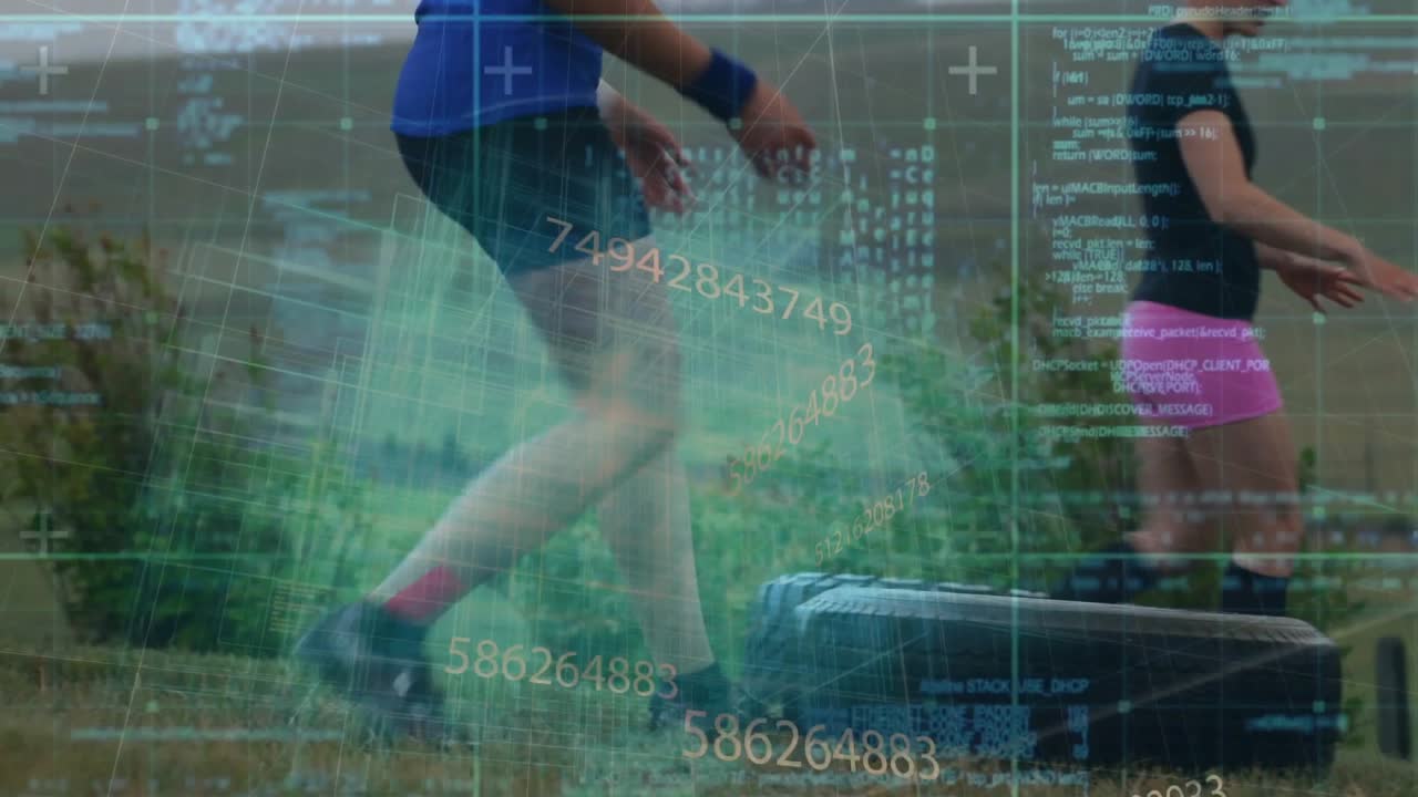 Two women alternating squatting, gripping, flipping tires on grass, overlay showing fitness metrics