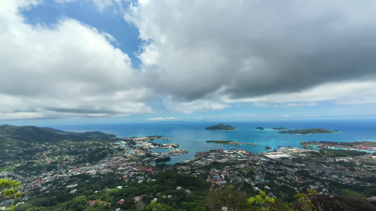 Timelapse from the three brother mountain nature trail, view over the capital city of Victoria and surrounding islands, Mahe, Seychelles 30fps