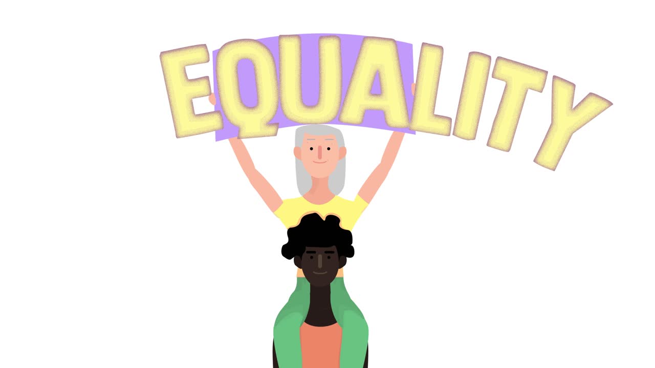 Woman sitting on african man shoulders with placard for Equality