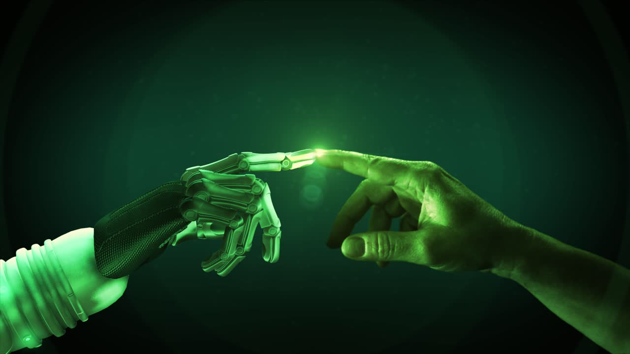 cgi 3d de alta calidad de un brazo robótico extendiendo y tocando las puntas de los dedos índice con una mano humana y activando un punto brillante de luz parpadeante con un efecto de halo brillante, en esquema de color verde