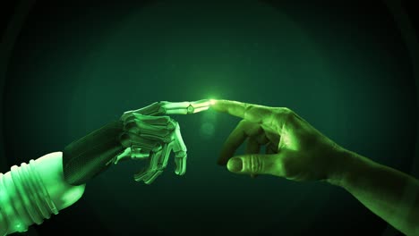 high quality 3d cgi of a robot arm reaching out and touching index fingertips with a human hand and activating a bright pinpoint of flickering light with bright halo effect, in green color scheme