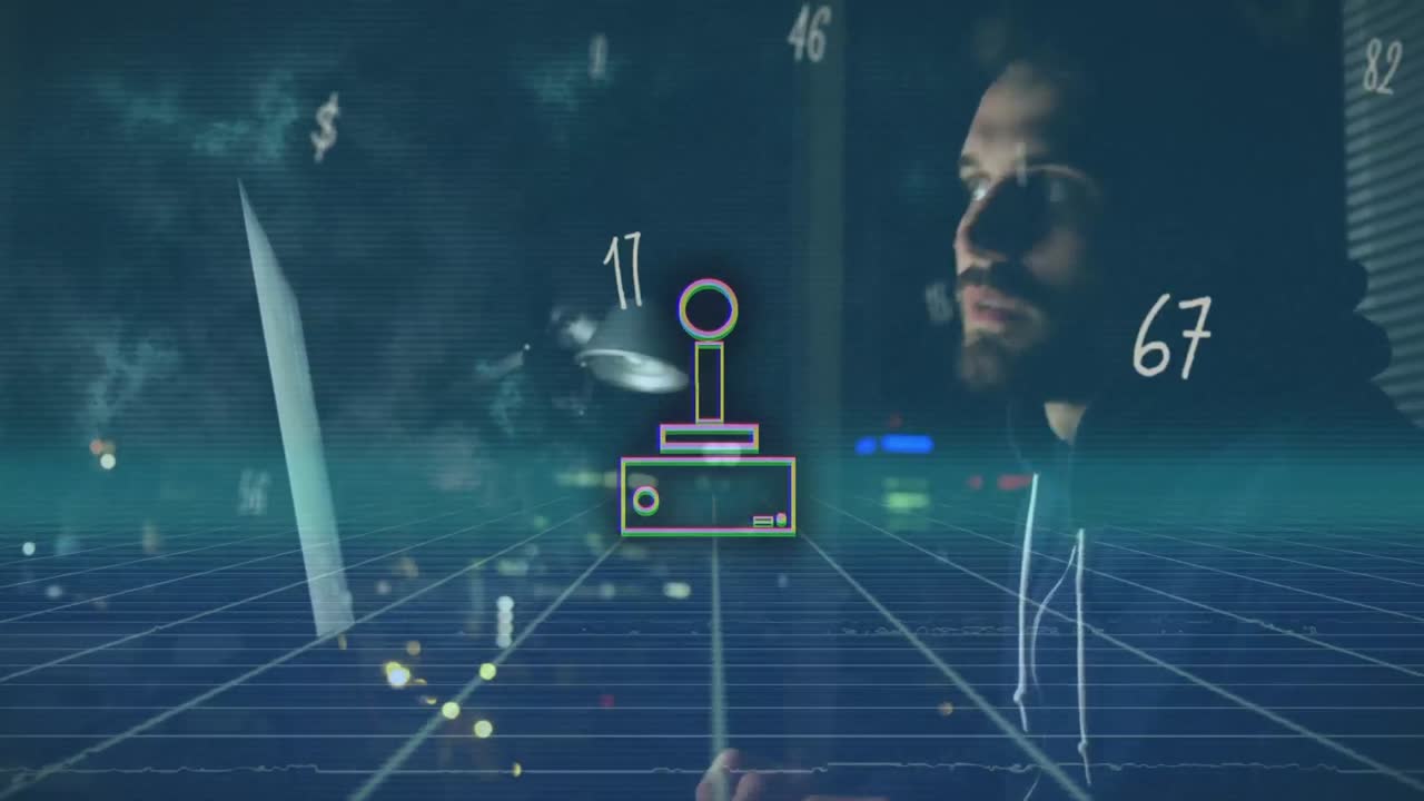 Animation of icons, numbers and digital space over caucasian male hacker with computer