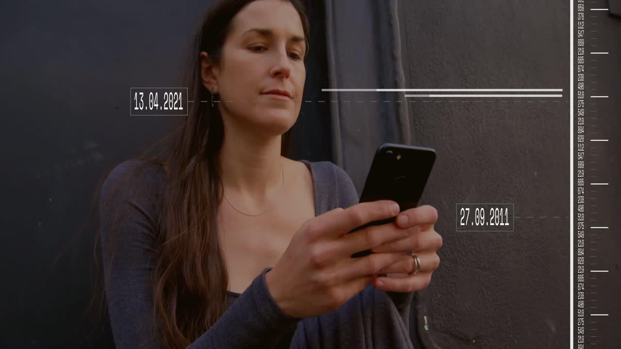 woman holding smartphone against textured wall, featuring floating date stamps and tech graphics