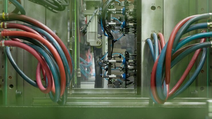 Closeup of plastic injection molding machine operating with colored hoses forming speaker grille parts in a university lab workshop. Industrial automation, prototyping and manufacturing process
