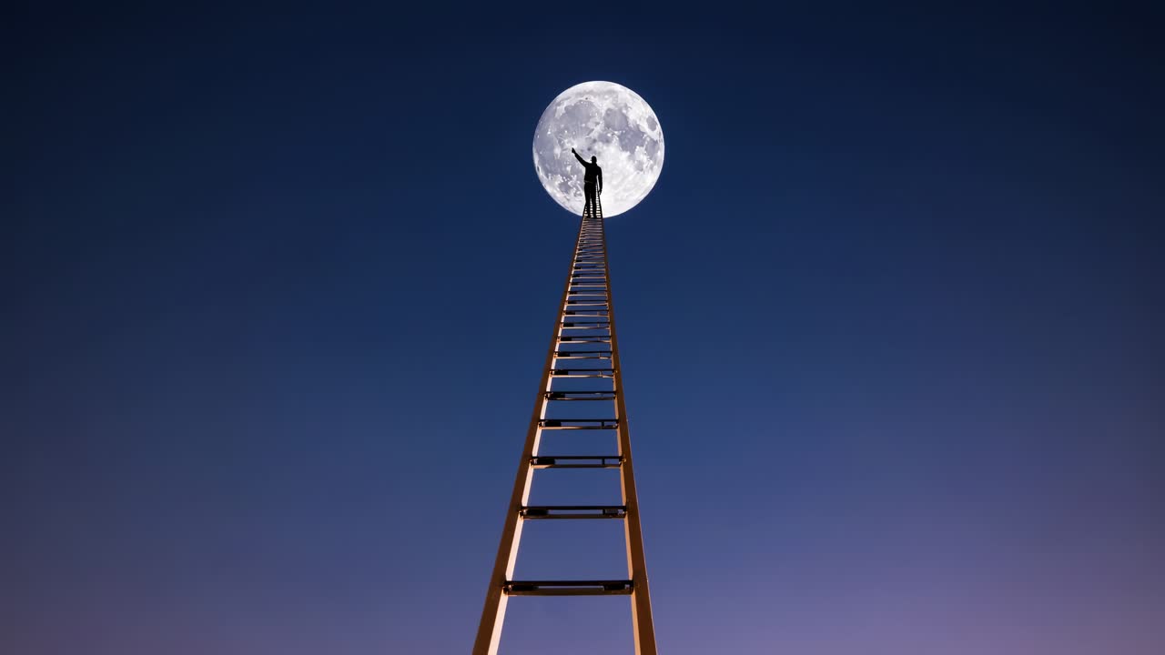 Surreal video concept of a person on a tall ladder reaching for the moon
