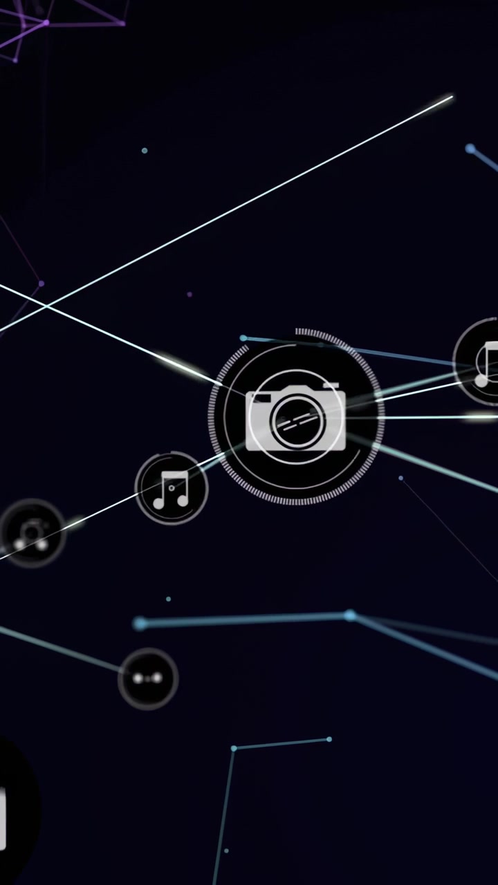 Vertical video: Central cam icon pulsing sparking lines and music nodes in tech UI, showing network
