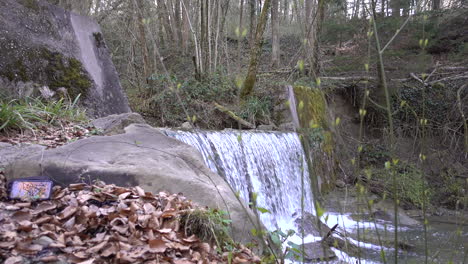 waterfall in a swiss forest during spring, leaves start to grow
