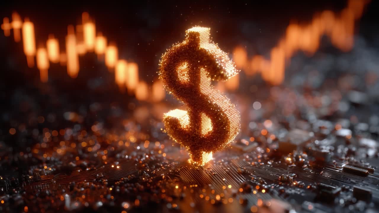 A Glimmering Representation of Wealth: A Dollar Sign Made of Light Shines Brightly Against a Background of Rising Graph Trends and Technology-inspired Patterns