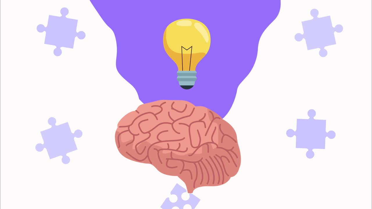 Mental health animation with brain and bulb in puzzle background ...