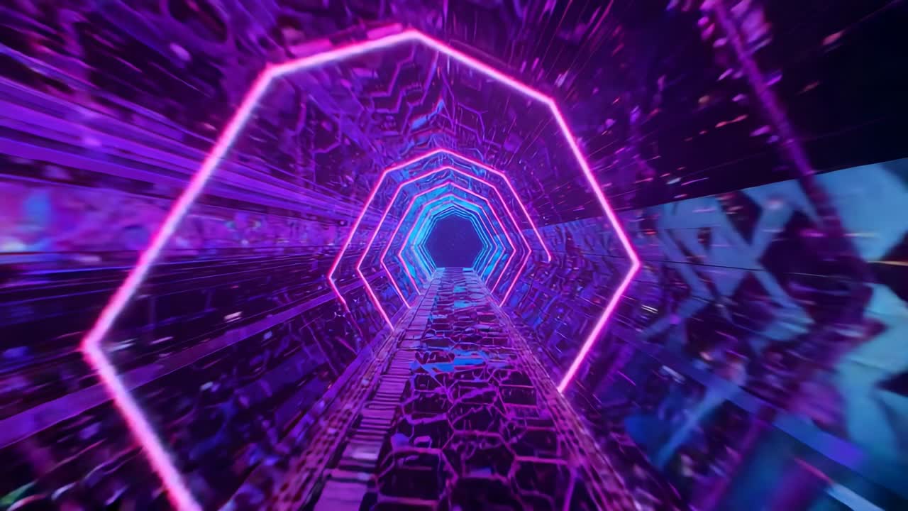 Advancing camera moving through neon cyber tunnel, with hexagonal rings, particles, cyan portal