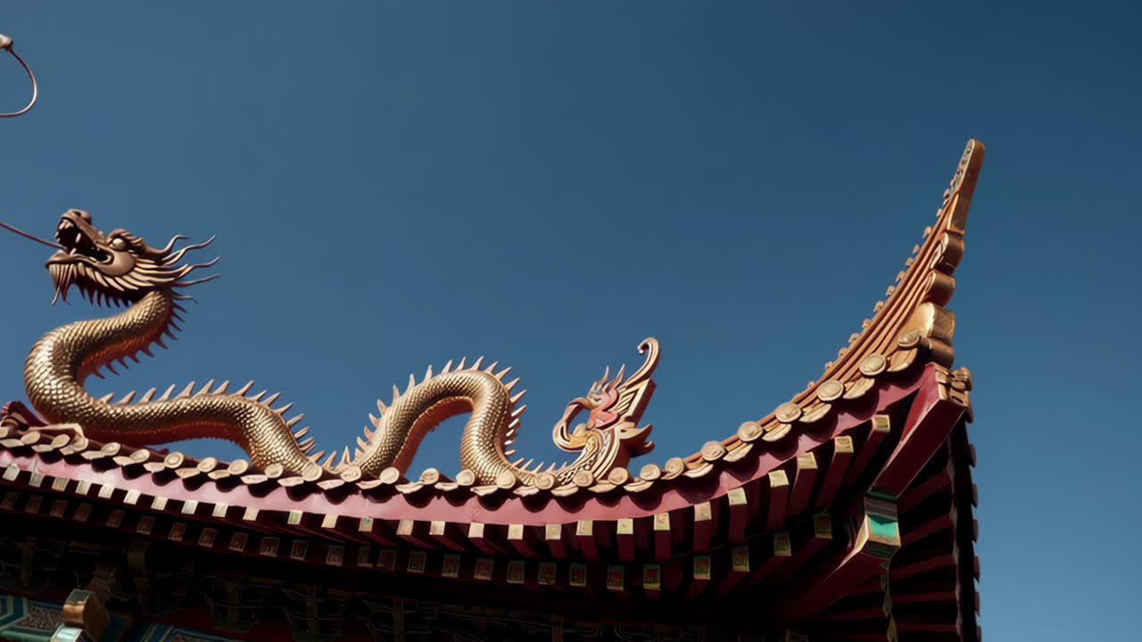 Architectural Detail of a Chinese Temple Roof with Dragon Ornament