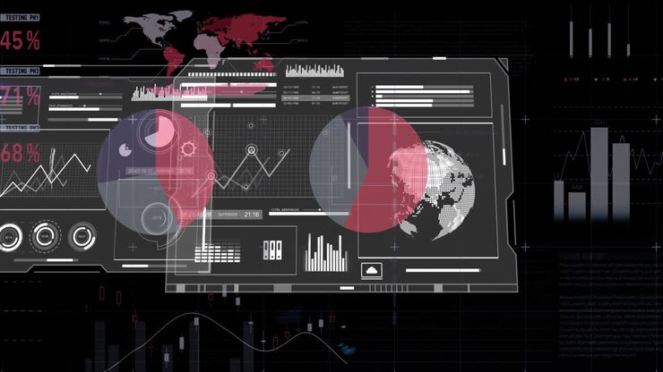 Animasjon av behandling av finansielle data med verdenskart og globus over svart bakgrunn
