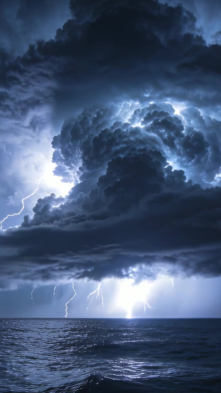 Vertikal video: Lynende ruvende cumulonimbus-sky som sender lyn over havet og lyser opp regnet