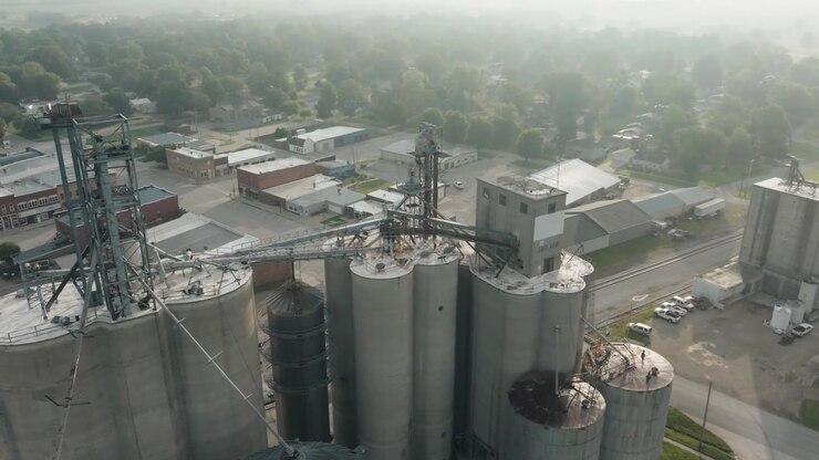 Orbita aerea di un silos accanto a una ferrovia nell'Iowa rurale