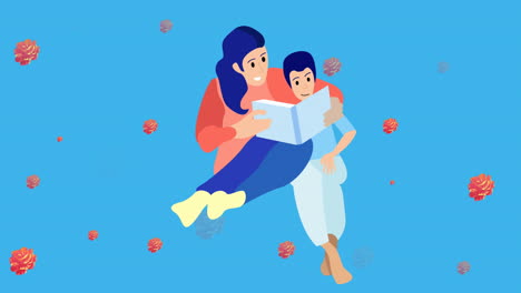 animation of illustration of mother and son reading book, with red roses on blue