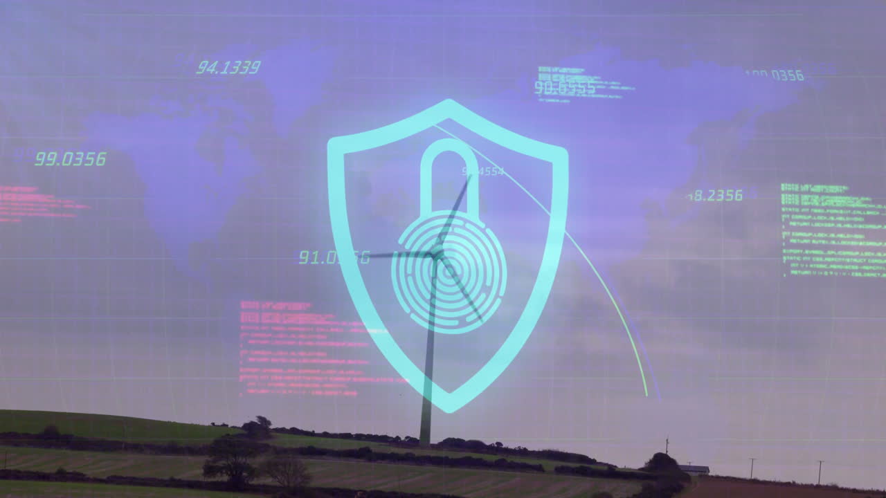 3D shield hovering above green fields, showing padlock icon with floating data and rotating turbine