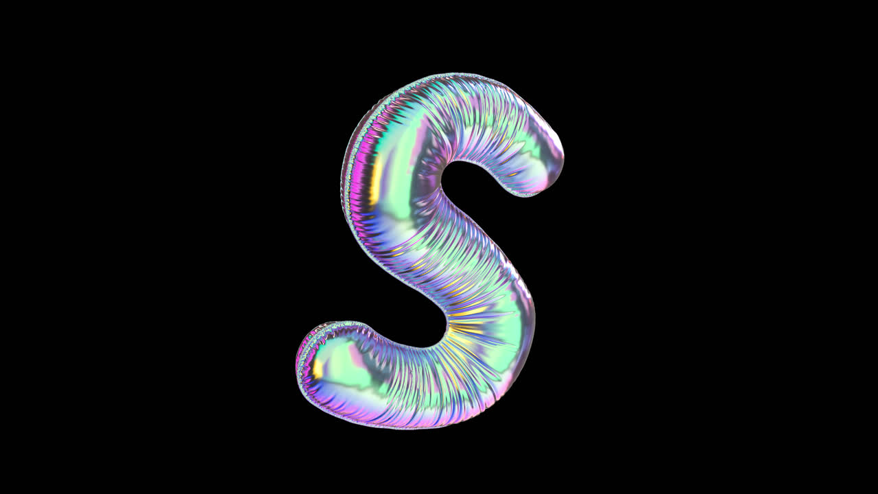 Palloncino 3D Iridescente Animato a Forma di Lettera S Rotante su Sfondo Nero