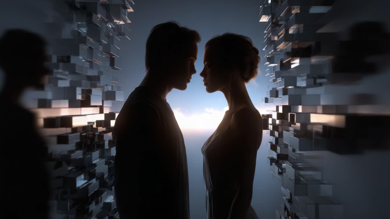 A Moment of Connection: A Silhouette of Two Figures Merging Against a Dazzling Backdrop of Light and Reflected Geometric Patterns in a Dreamlike Setting