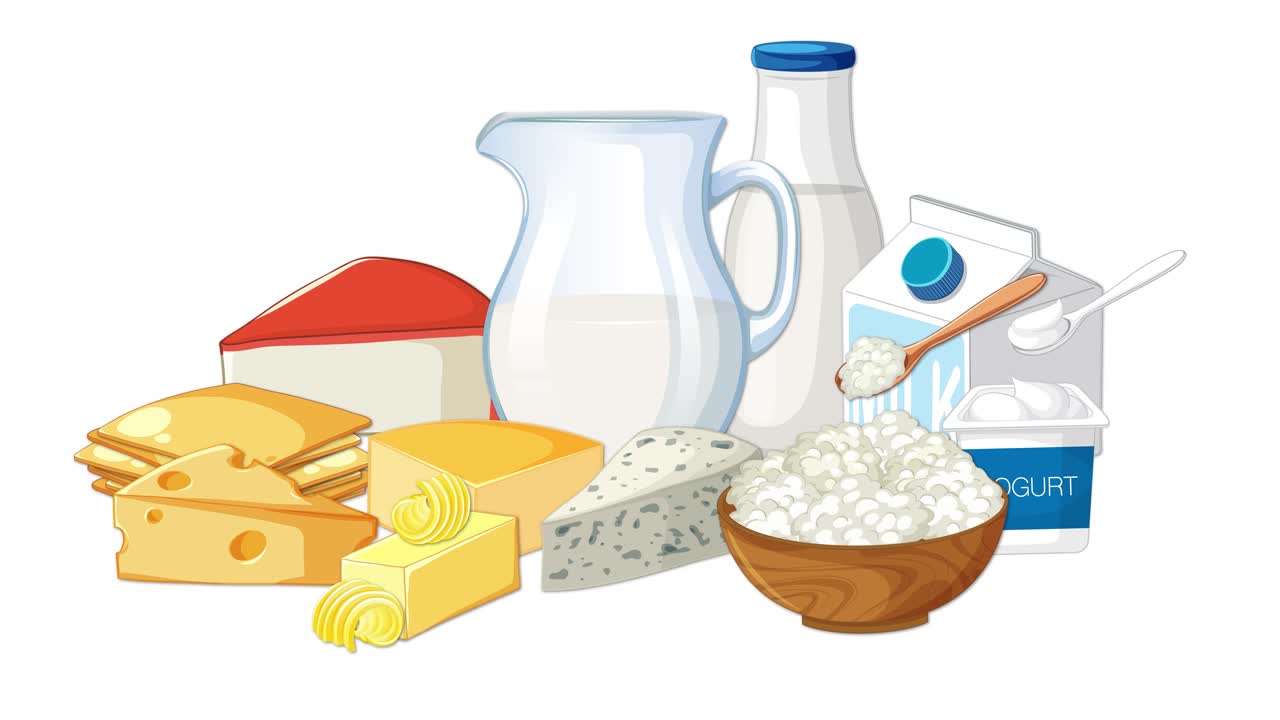 A static arrangement of various dairy products including milk, cheese, butter, yogurt, and cottage cheese, presented in a clean, bright, flat vector style with no visible movement
