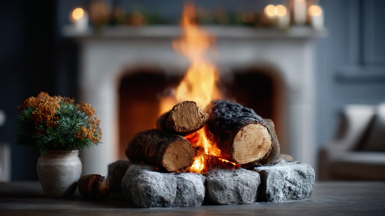 Captivating Fireplace Scene with a Cozy Fire and Decorative Logs in an Inviting Living Room Setting with Soft Lighting and Beautiful Accents
