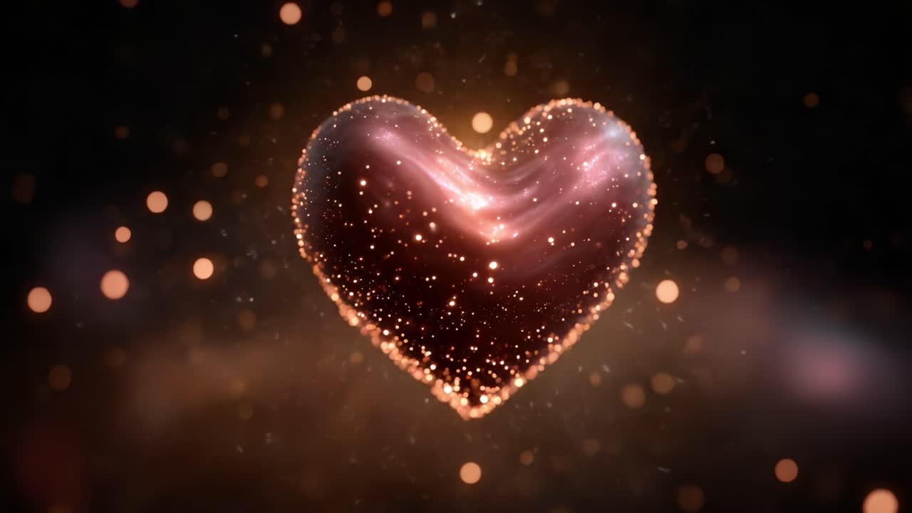 Un cuore cosmico incantevole, illuminato da particelle scintillanti, che cattura l'essenza dell'amore e della meraviglia in una visualizzazione meravigliosamente vibrante e affascinante