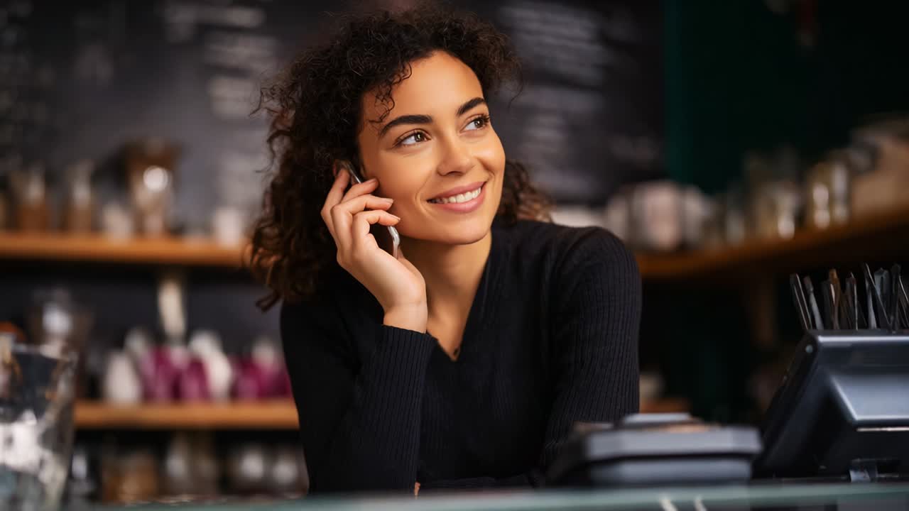En ung kvinne med krøllete hår smiler mens hun snakker i telefonen på en koselig kafé, og utstråler varme og vennlighet mens hun deltar i samtale, omgitt av en innbydende atmosfære og diverse kaféartikler