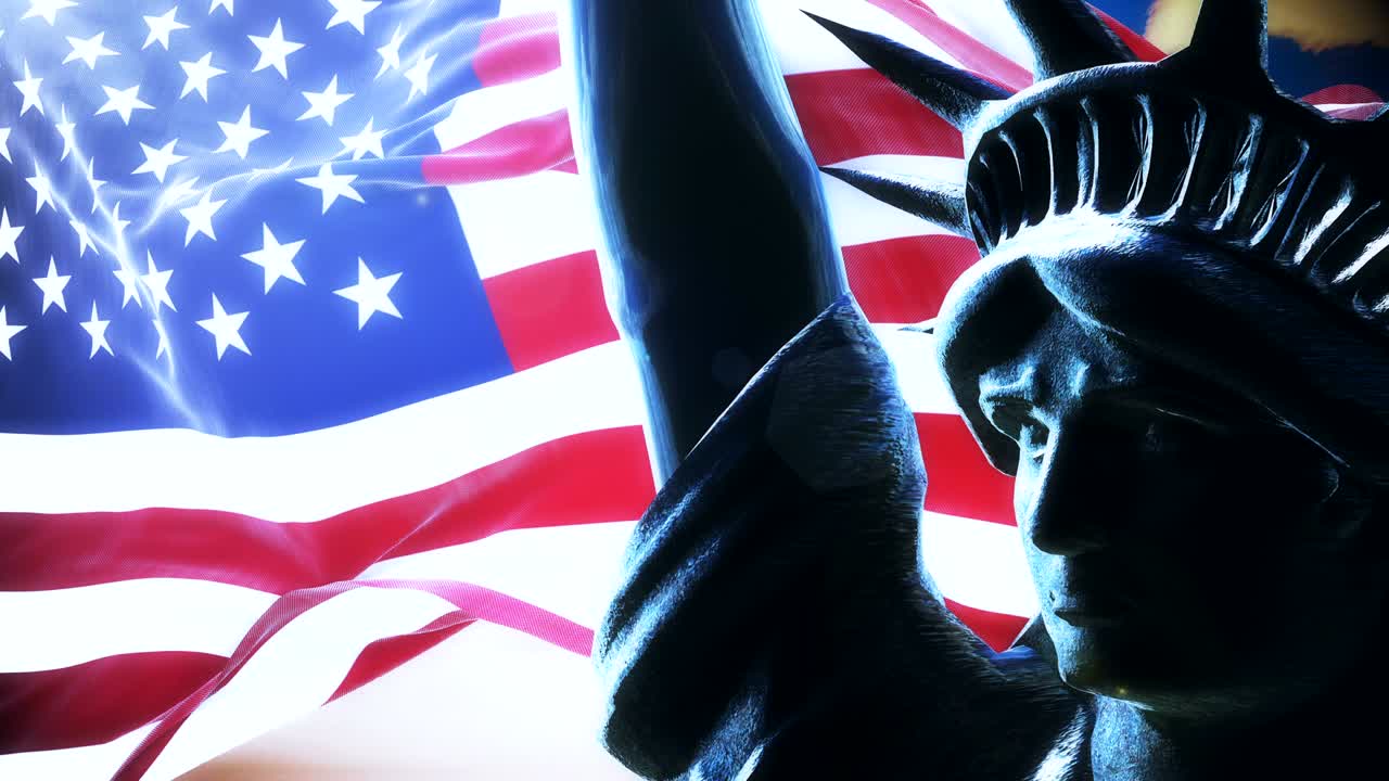 자유의 여신상과 함께 떠오르는 태양에 흔들리는 미국 발.