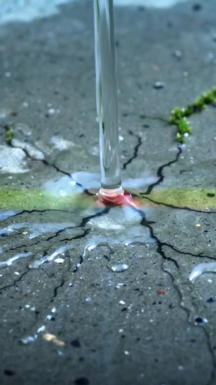 Video verticale: Seguendo una colonna d'acqua limpida che colpisce il marciapiede, spargendo una striscia dipinta bagnata.