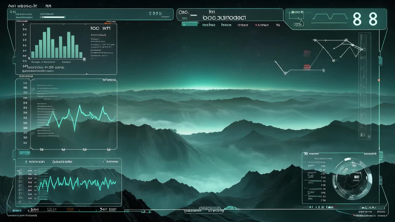 Futuristic HUD Display with Data Over Misty Mountain Landscape