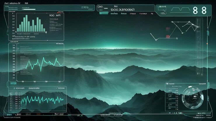 Futuristic HUD Display with Data Over Misty Mountain Landscape