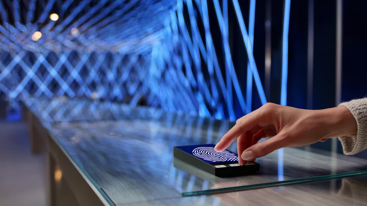 A close-up view of a hand using a smartphone with a fingerprint scanner, exploring biometric technology in a futuristic illuminated setting