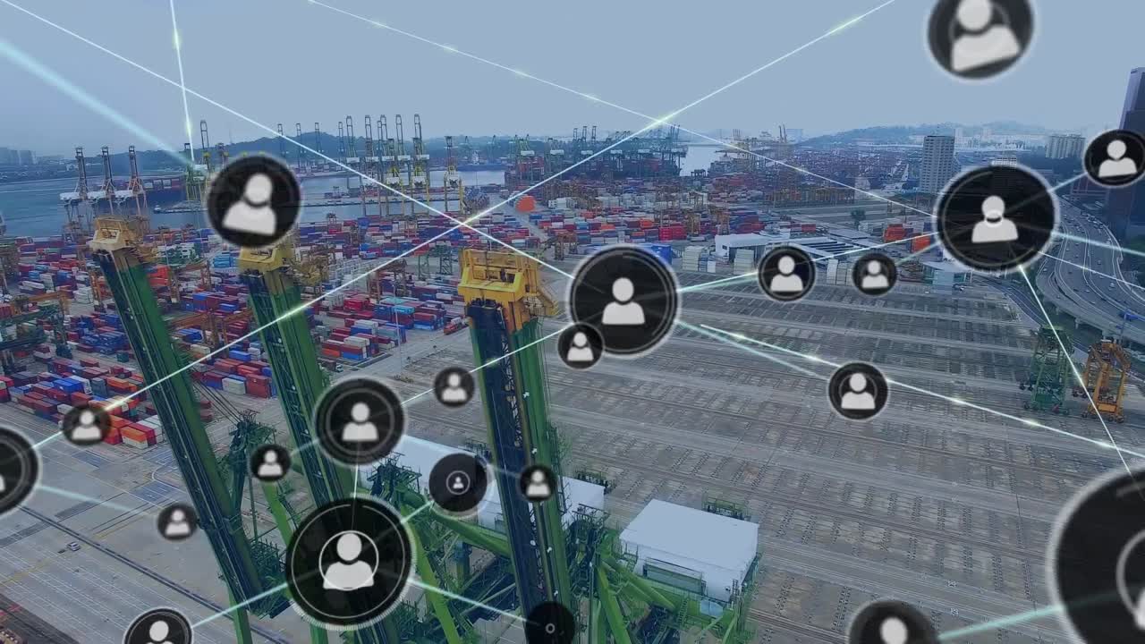 animación de la red de conexiones con iconos sobre los muelles