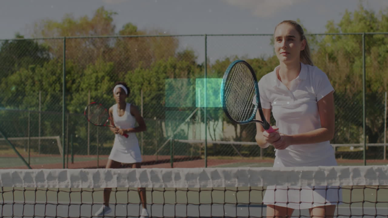 Two tennis partners practicing on court for health showing animated heart icons and stats chart