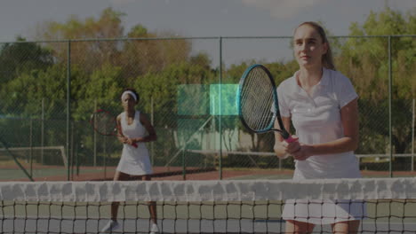 two tennis partners practicing on court for health showing animated heart icons and stats chart
