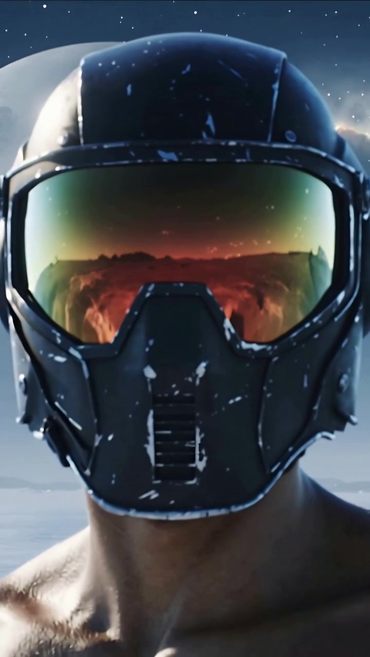 Video verticale: Telecamera che arretra, uomo a torso nudo che si gira in mare, mostrando la visiera di un casco in una gola di lava.