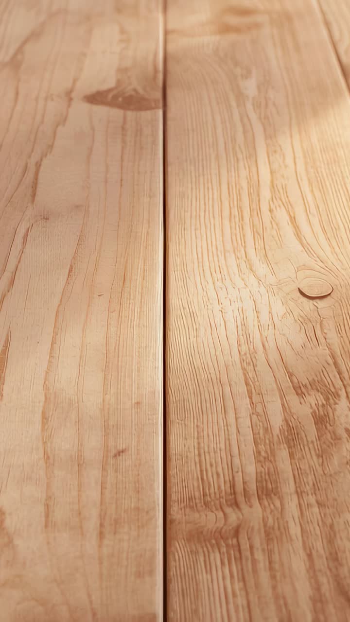 Vídeo vertical: luz cálida cambiante que revela el grano sobre tablas de madera en la parte superior del estudio, unión y nudo