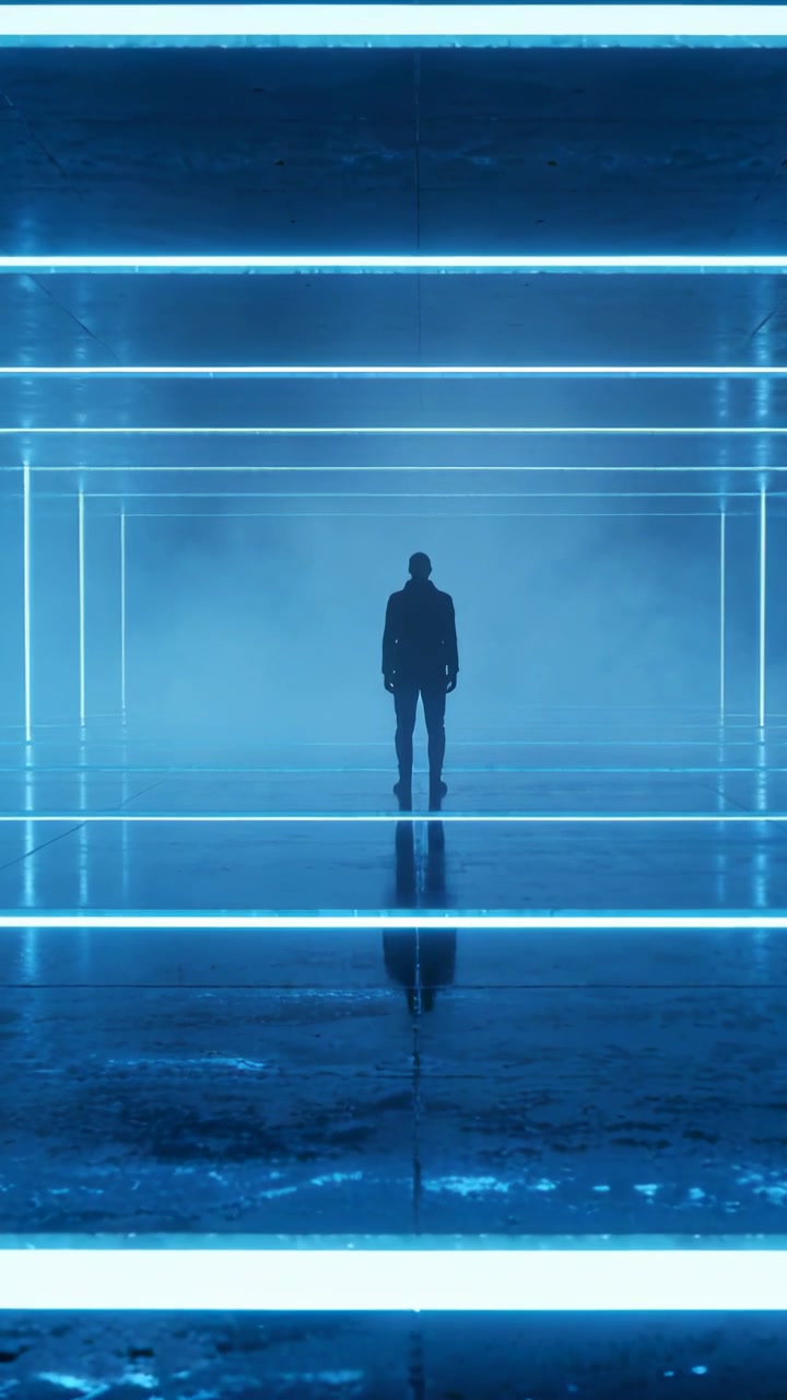 Video verticale: Figura in piedi con cappotto scuro in studio, che si riflette su un pavimento bagnato tra LED blu sfocati.