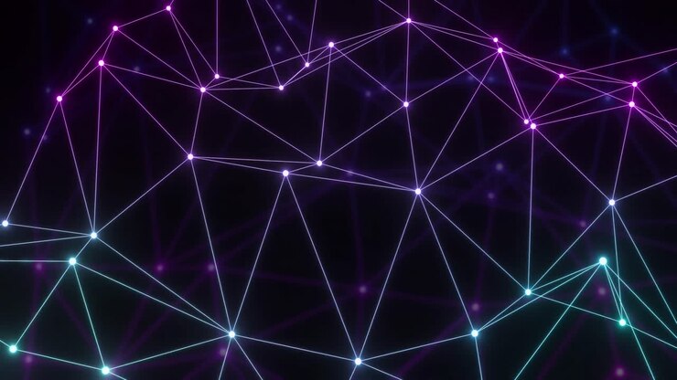 Animazione di una rete di connessioni con nodi luminosi su sfondo nero.