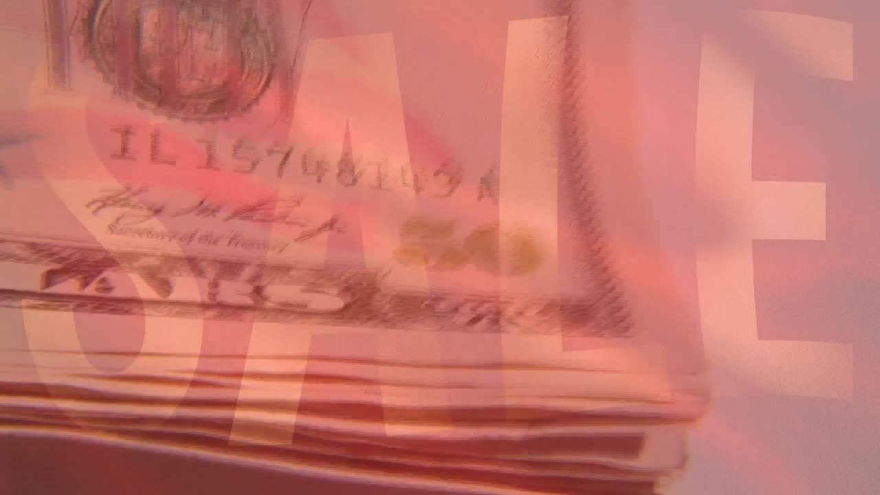 미국 달러 지폐와 판매 텍스트의 애니메이션